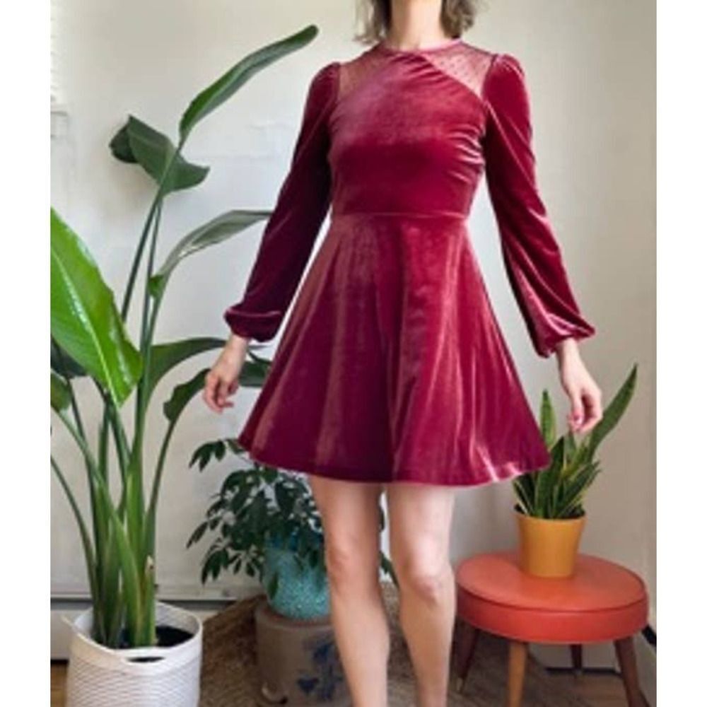 Velvety Long Sleeved Red Dress